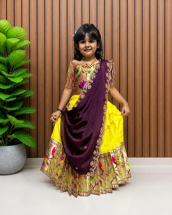 kids pure heavy paithani silk Yellow Traditional lehenga for girls wholesale